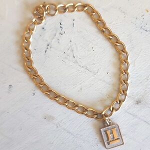 10K Solid Gold H Initial Charm on 12K Gold Filled Curb Link Charm Bracelet 7.7g